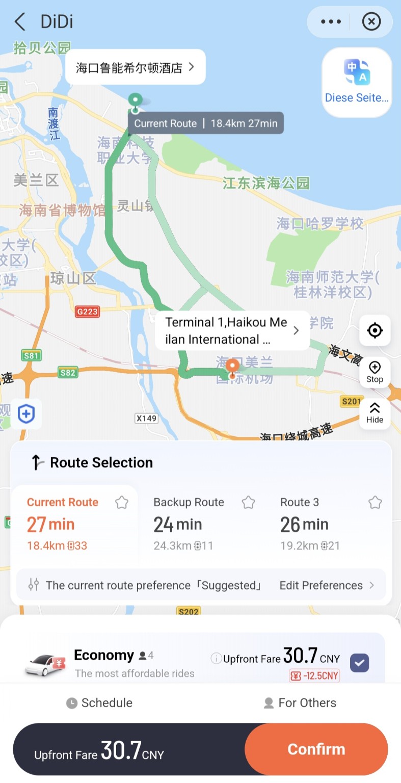 Didi zeigt Route, Fahrzeit, Strecke und Preis vor der Bestätigung