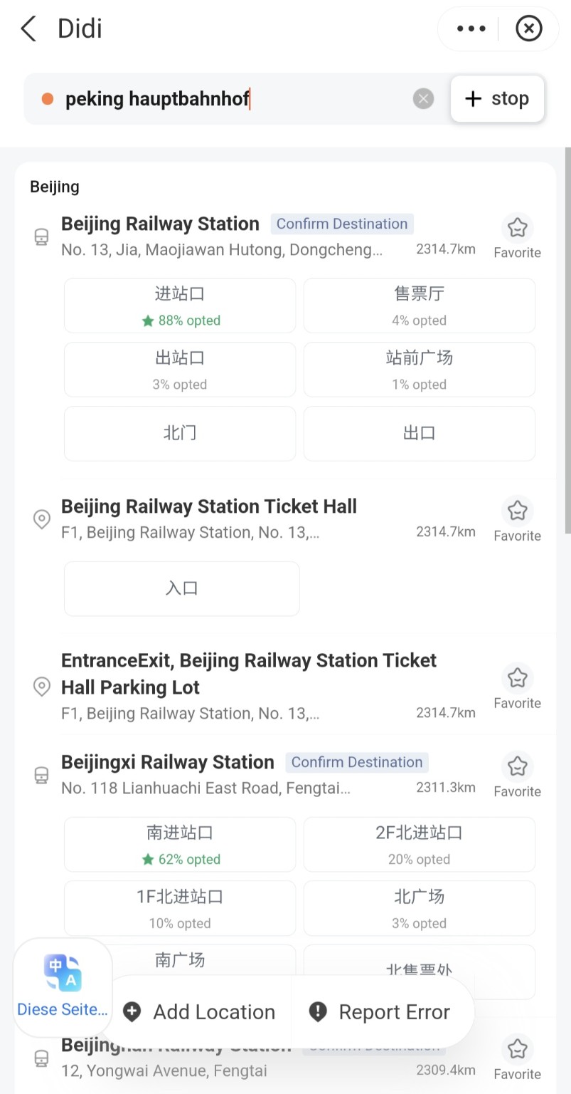 Didi versteht die Eingabe Peking Hauptbahnhof und zeigt passende Ziele und Eingänge